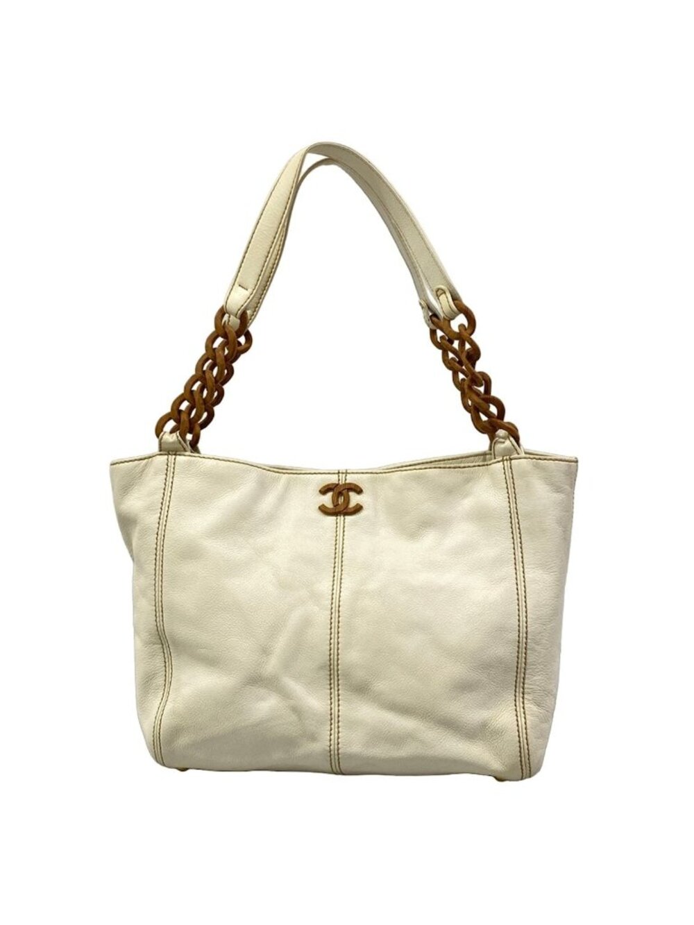 Chanel Tote Bag White Wood Chain Leather